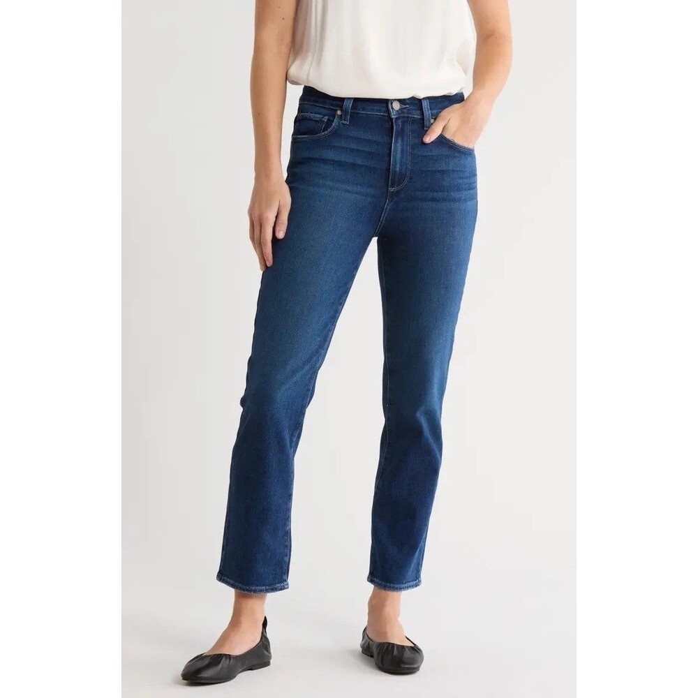 PAIGE Dark Wash Blue Straight Ankle Mid Rise Stretch 5-Pocket Jeans